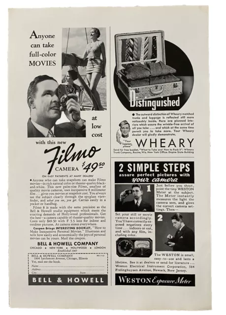1937 Vintage Print Ad Bell & Howell Filmo Camera & Wheary Luggage