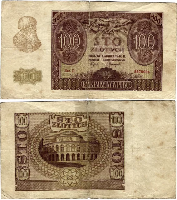 Polen Banknote 100 Złotych 1940 EMISSION BANK IN POLAND ZWK-32 Ro.577  P-97