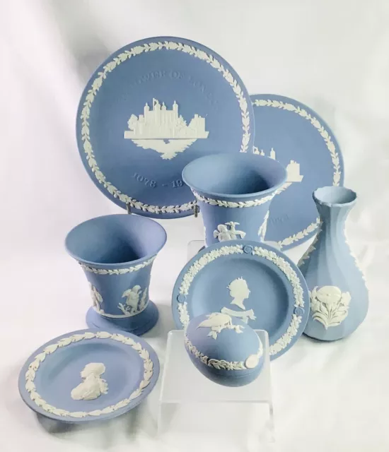 8 Pieces Of Vintage Blue Wedgwood Jasper Ware Vase Plates Pin Dish Some Boxed