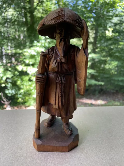 Kim Boo Ho Carving Seoul Korea Wood Figurine Man w/Pack on Back Walking Stick