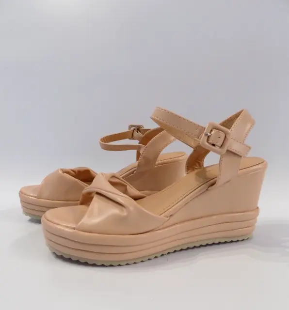 Wedge Heel Shoes Womens Size 7 Beige High Platform Ankle Strap Open Toe Sandals