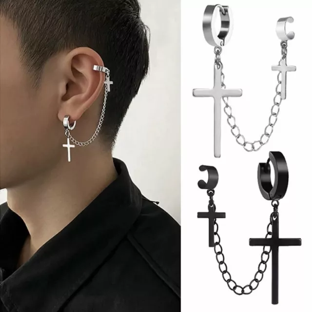 Punk Stainless Steel Cross Hoop 925 Silver Earrings Tassel Ear Stud Men Women