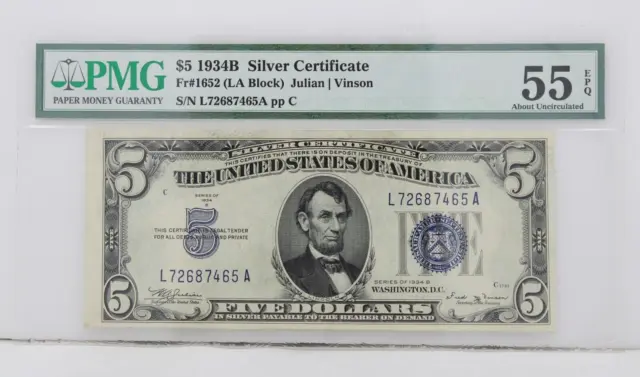 $5 1934B Silver Certificate Note FR#1652 LA Block PMG 55 EPQ About Circulated
