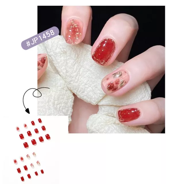 24Pcs Square Full Cover Artificial Nail Tips Luxury Foil Fake Nails Red Floral