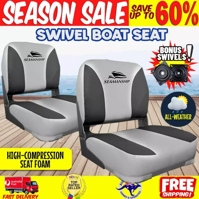 2 Deluxe Boat Seats Grey/Charcoal With Swivels Folding Fishing Cushion Marine