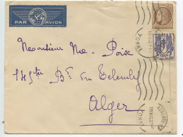 LETTRE / AUXERRE / ALGERIE ALGER 1946 / air mail / par avion