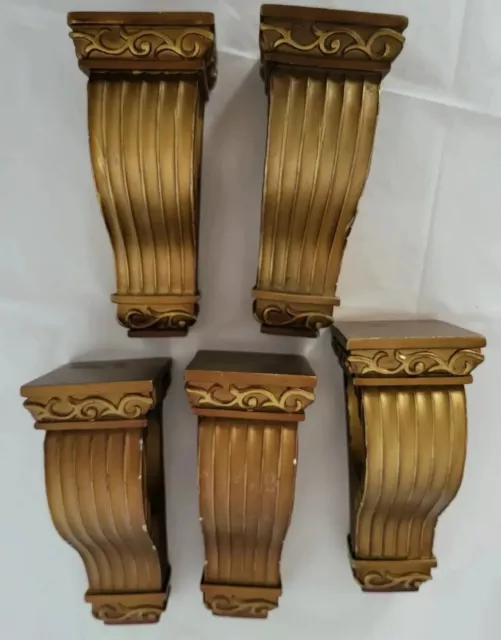 Vintage Ornate Set of 5 Gold Drapery Curtain Rod Holders Wall Sconces