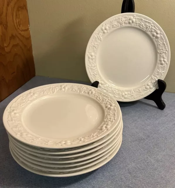 8 Homer Laughlin Vintage 7.25" Dessert Plates. - White w/ Embossed Fruit Rim