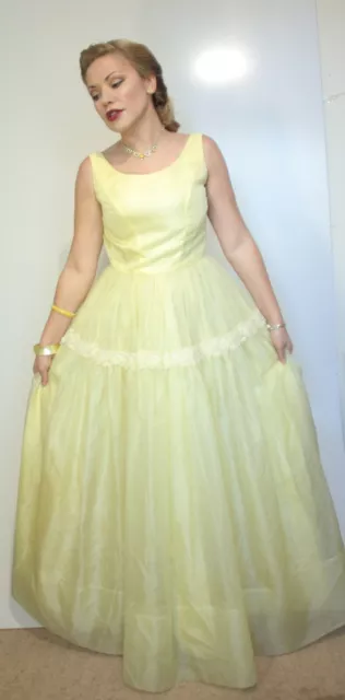 Emma Domb Yellow Prom Dress Full skirt Lemon White Lace Trim Ball Gown 1950s 60s 3