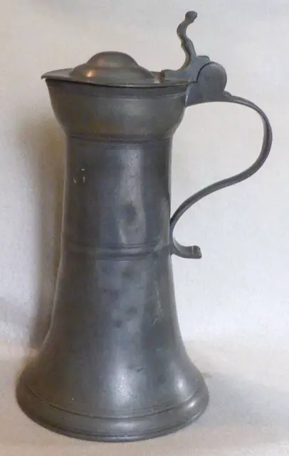 Antique Continental Pewter Lidded Flagon or Stitze  Engraved H.C.K.S c1750