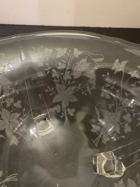 Vintage Clear Etched Elegant Glass Footed Bowl Flower Scene