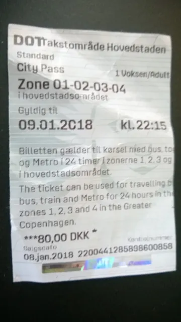 Denmark  2018 Metro Train  Ticket, City Pass  80 Dkk