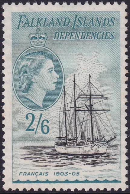 Falklands Dependencies 1954 Ship. 2/6 Black & turquoise. Mint. SG G37, CV £22