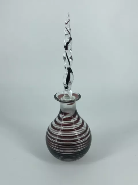 Art Glass Perfume Bottle Purple & Clear Spiral Optic Swirls 7.5” with Stopper