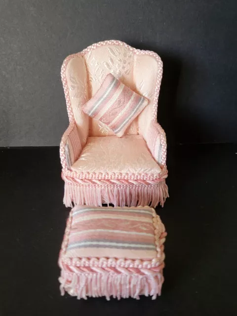Dolls House - Artisan Handmade Ooak Armchair And Foot Stool Rare - 1/12Th Scale
