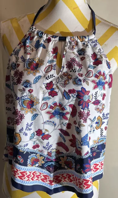 Kona Sol High Neck Tankini Top Blue Floral  Apron Back Halter Size XS NEW