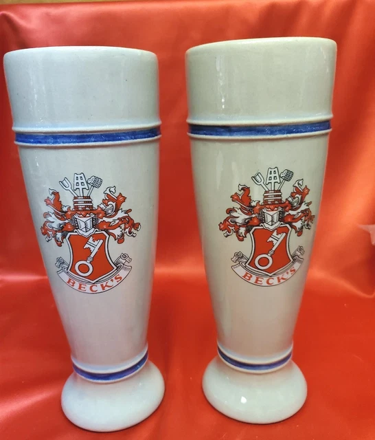 2 BECK'S Gerzit 0.5L Ceramic 9 1/4" Tall Pilsner Beer Steins Glasses