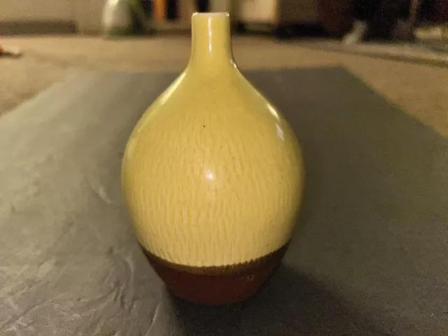 VINTAGE MCM Yellow Glaze Art Pottery Two Tone 5 1/2" Tall Weed Pot Vase