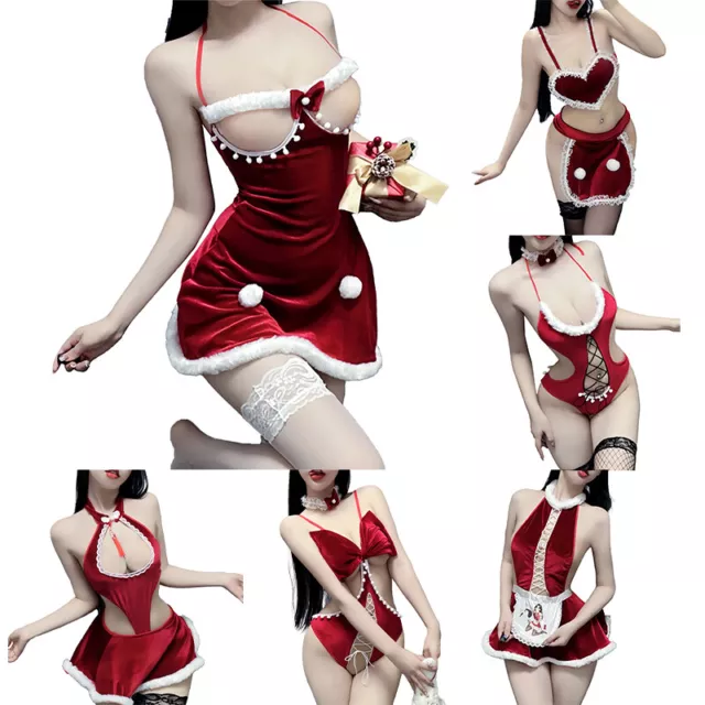 Womens Bodysuit Fancy Nightwear Sexy Lingerie Christmas Dress Santa Outfits Red