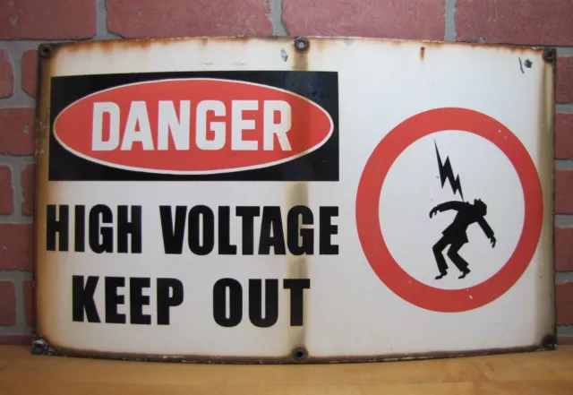 DANGER HIGH VOLTAGE KEEP OUT Old Porcelain Sign ELECTROCUTION DEATH INJURY 14x24