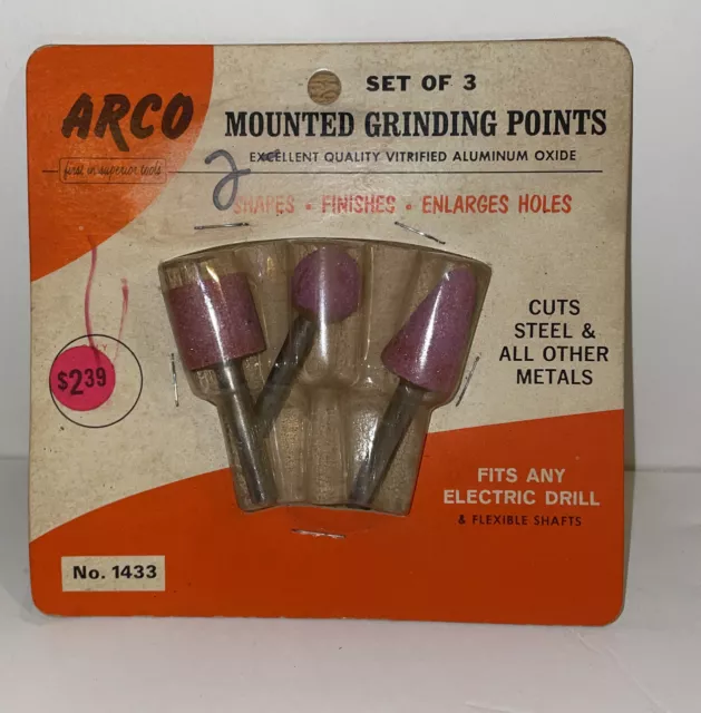 3 ARCO Mounted Grinding Points Cylinder Ball Cone Fits Any Drill NOS Craftsman