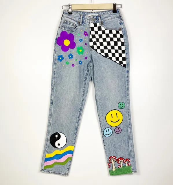 Pacsun High Rise Custom Hand Painted Mom Jeans Size 24 Retro Womens