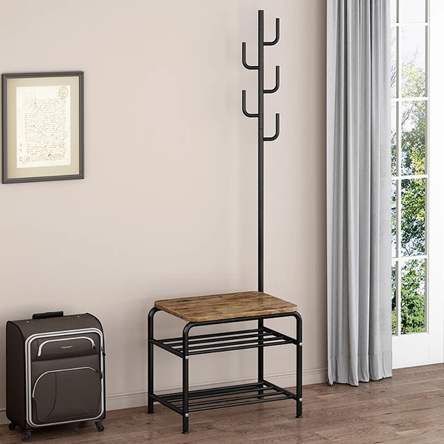 Coat Rack Stand Hall Tree Entryway Shoe Bench Storage Shelf w/ 5 Hooks Househeld