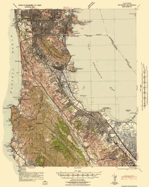 Topo Map - San Mateo California Tactical Quad - US Army 1942 - 23 x 28.81