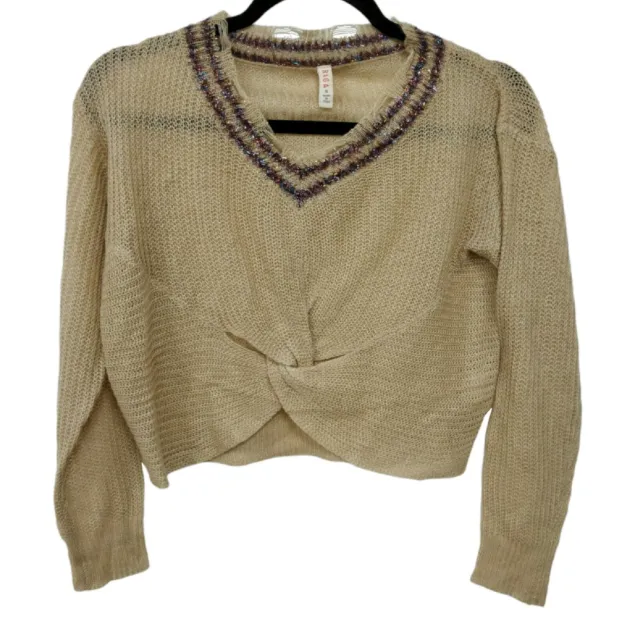 $120 RAGA Tiana Front Twist Holiday Sweater Top Beige Metallic Tinsel Trim Small