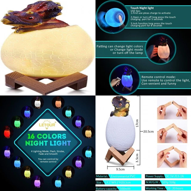 LETOUR 3D Dinosauro Luce Notturna LED per Bambini, Lampada di Triceratopo