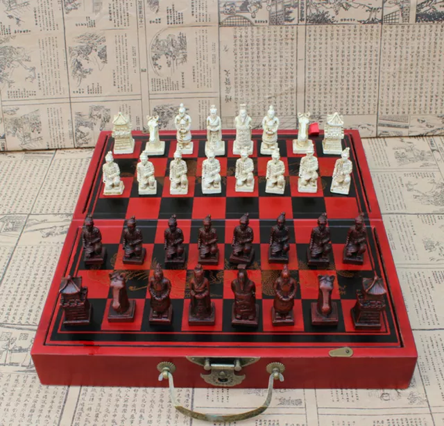 Chinese Wood Leather Dragon phoenix Box 32 piece chess Set(Terracotta Warriors)