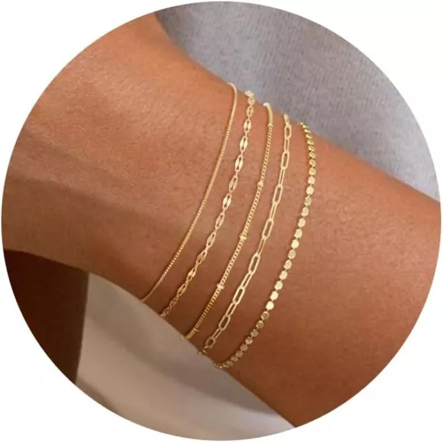 14K Dainty Gold Plated Stackable Bracelets for Women Trendy Waterproof