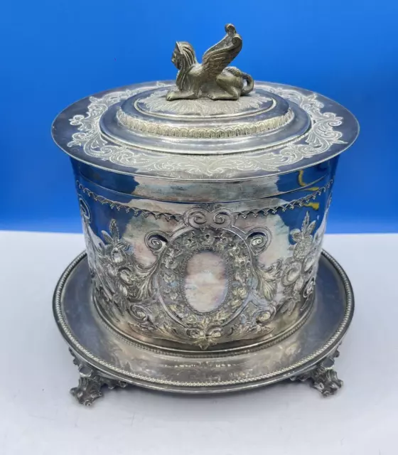 Mappin & Webb Biscuit Barrel Sphinx Finial Antique Silver Plate Hallmark