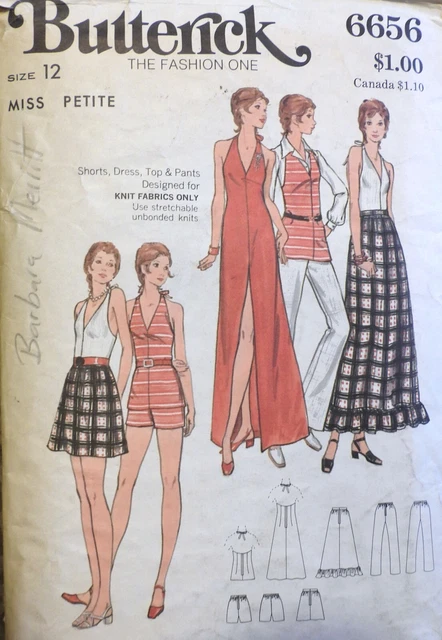 Vtg 1970s Butterick 6656 Knit Halter Dress Top Pants Skirt SEWING PATTERN 12
