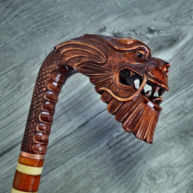 Bastone da passeggio in canna Legno intagliato a mano - Old Dragon Red / UK