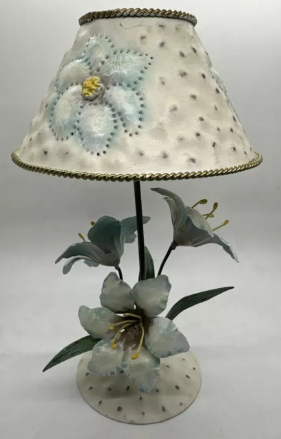 Home Interiors Metal Candle Holder Lamp Blue & Yellow Lillies Flowers 10.5”