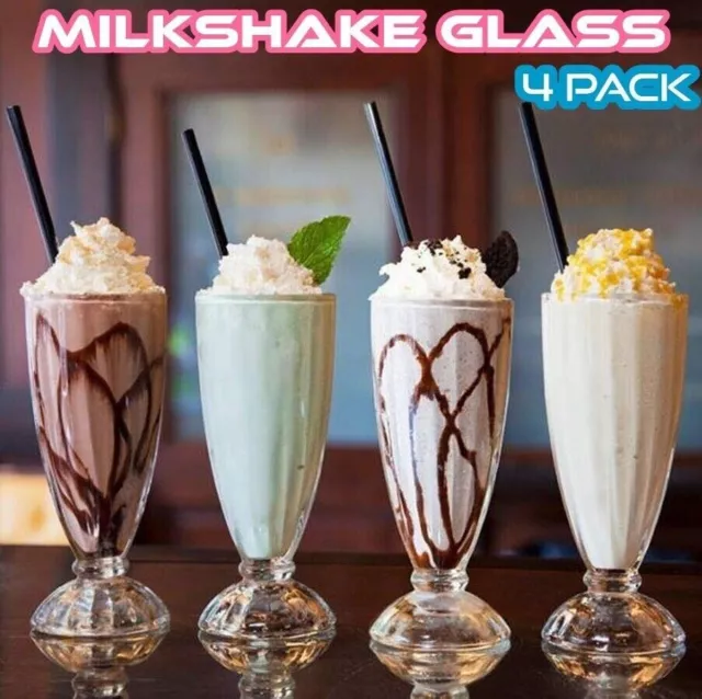 4 Milkshake Glasses Dessert Sundae Ice Cream American Soda Tumblers 360ml