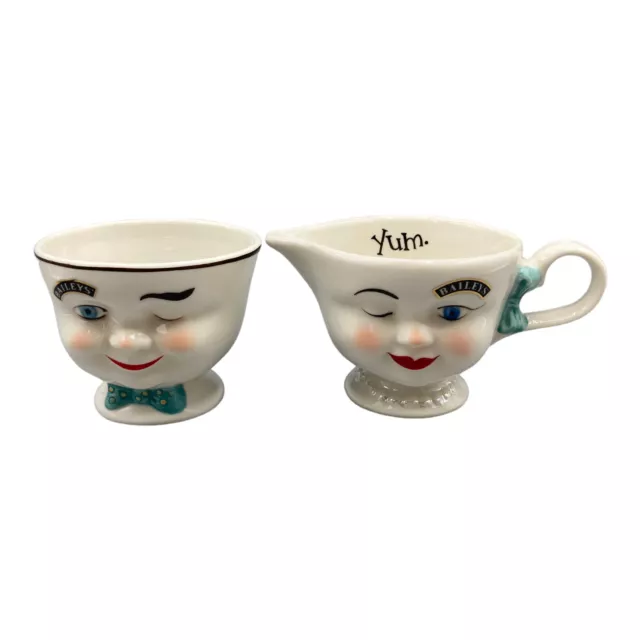 Baileys YUM Winking Eye Face Mr & Mrs Sugar Bowl & Creamer Set 1996 Vintage