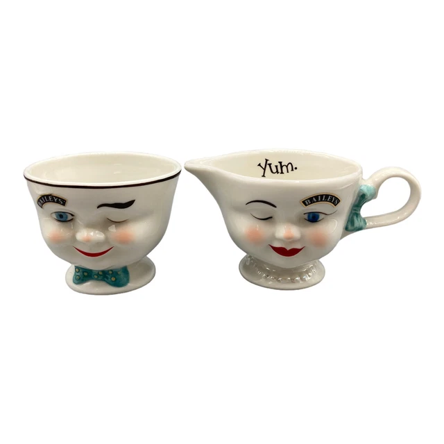 Baileys YUM Winking Eye Face Mr & Mrs Sugar Bowl & Creamer Set 1996 Vintage