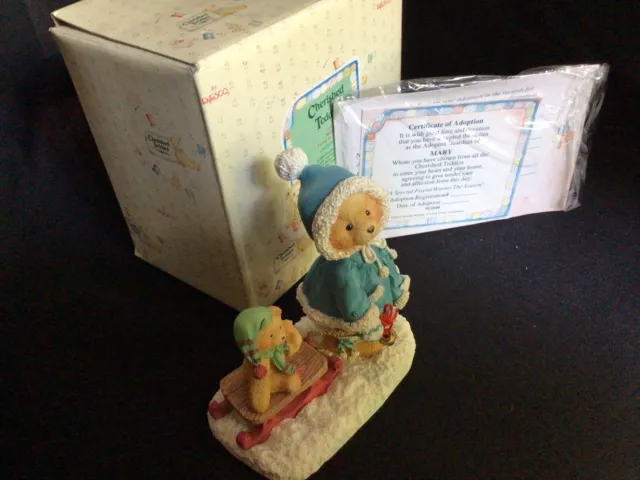 1993 Enesco Cherished Teddies #912840 Mary Pulling Sled Figurine