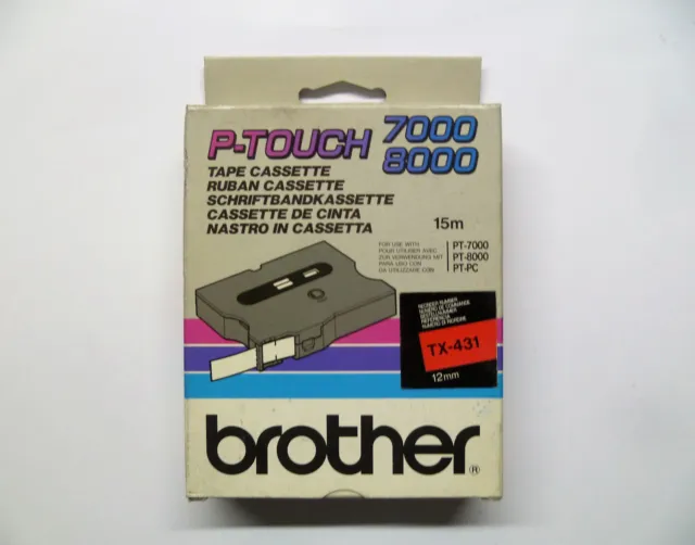 Brother Nastro Cassette TX-431 Nero su Rosso 12mm 15m PT-7000 PT-8000 Pt-Pc Conf