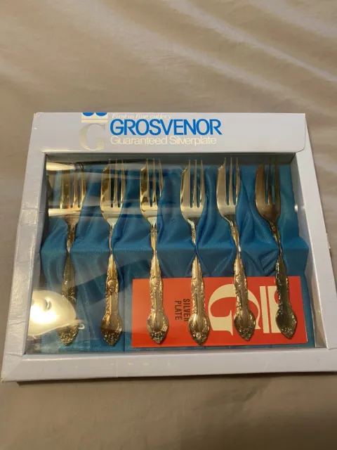 GROSVENOR Vintage Cutlery Set Of 6 Silver Plate Cake Forks Boxed