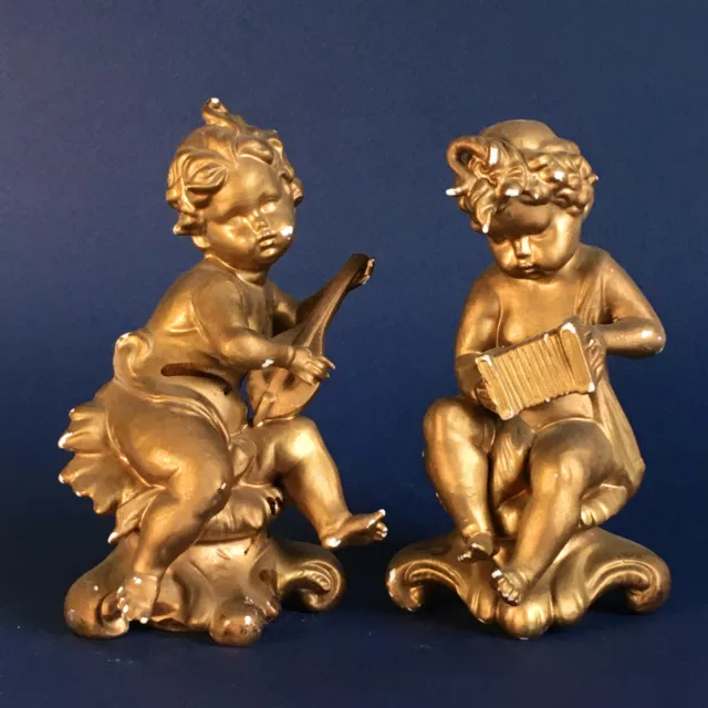 Vintage Pair Gold Musical Ceramic Cherub Figurines Shabby Chippy CLEAN