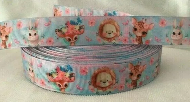 Cute Animals-Giraffe-Rabbit-Lion Grosgrain Ribbon 1" wide sold by 3M ~ Craft