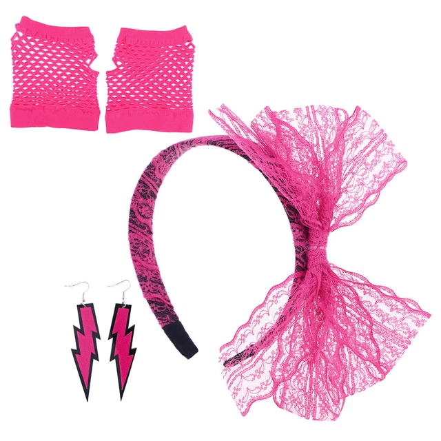 Fascia per capelli anni '80 fiocco in pizzo accessori donna neon