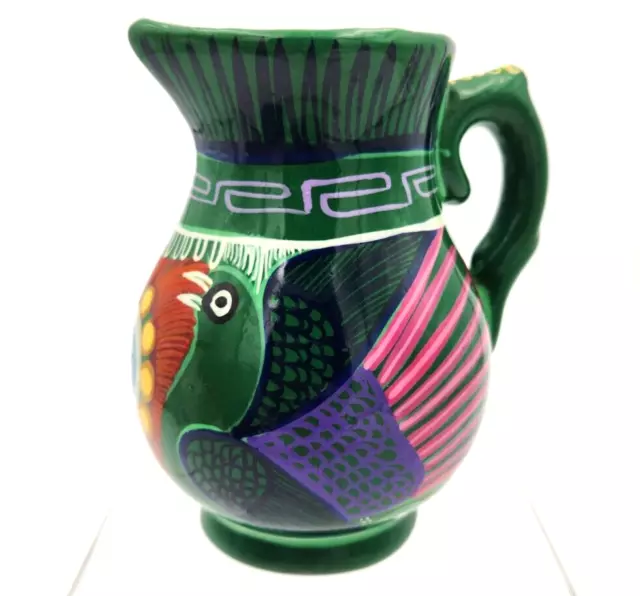 Mexican Folk Art Pitcher Redware Pottery Hand Painted Green with Colorful Birds