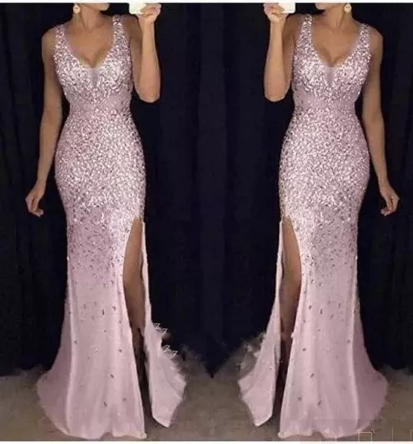 Women US V-Neck Sequin Prom Party Ball Gown Maxi Evening Bridesmaid Long Dress
