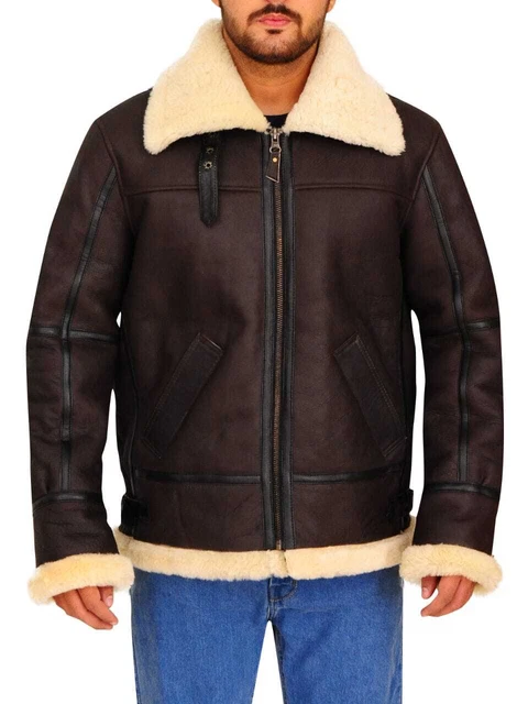 Mens Aviator RAF B3 Pilot Flying Bomber Real Shearling Sheepskin Leather Jacket