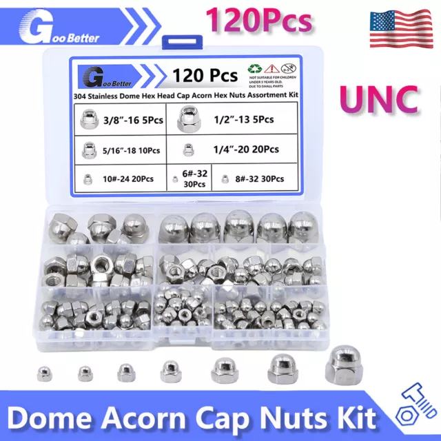 120Pcs UNC Dome Acorn Cap Nuts Kit Decorative Nut Stainless Steel #6 #8 #10~1/2"