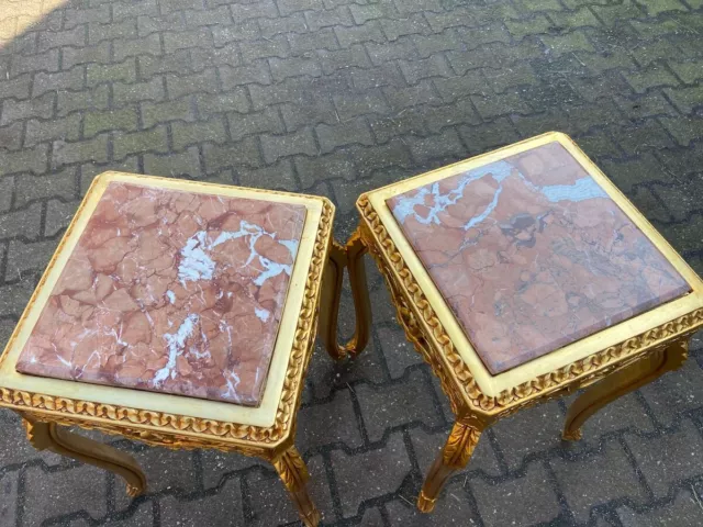 French Louis XVI Baroque Rococo Side Tables: Beech with Marble Top (Set of 2) 2